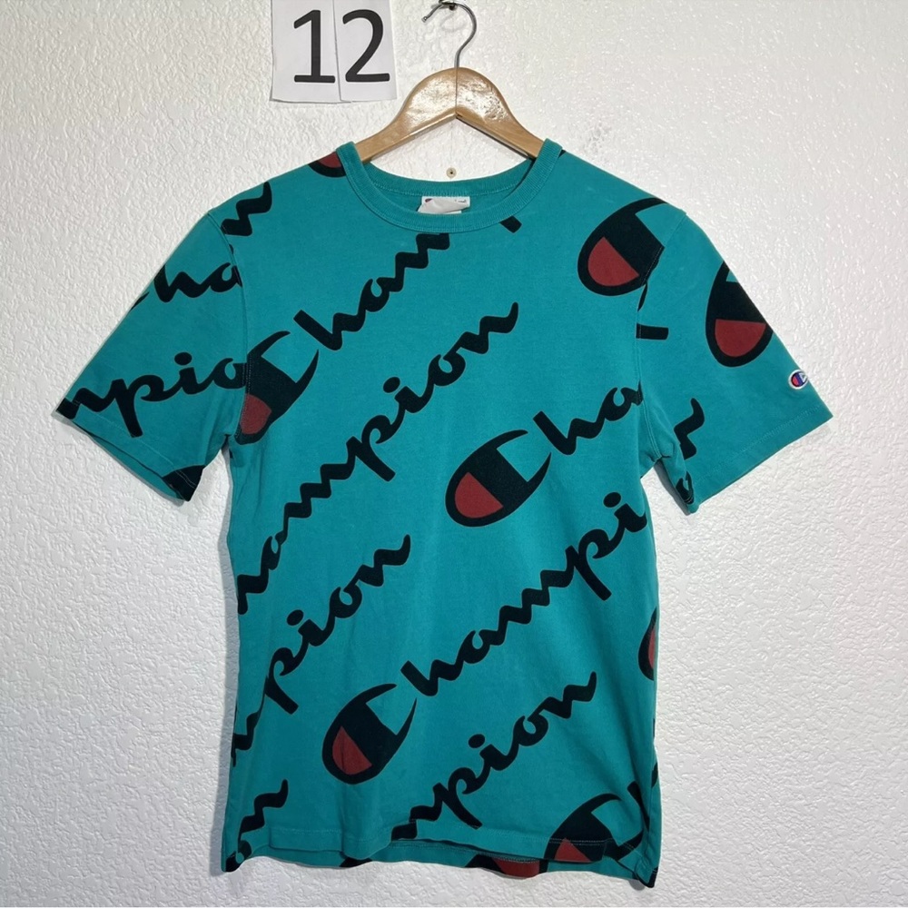 Vtg Champion Heritage Athletic Apparel Men Shirt Sz  S All Over Print Logo Green